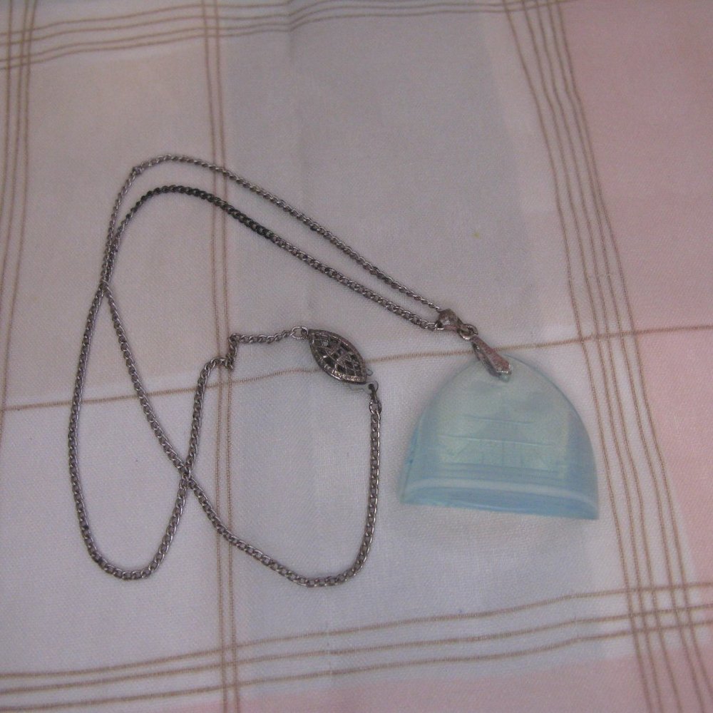 Vintage Moonstone Glass Reverse Carved Pendant Sterling Silver Necklace Japan - Picture 2 of 8